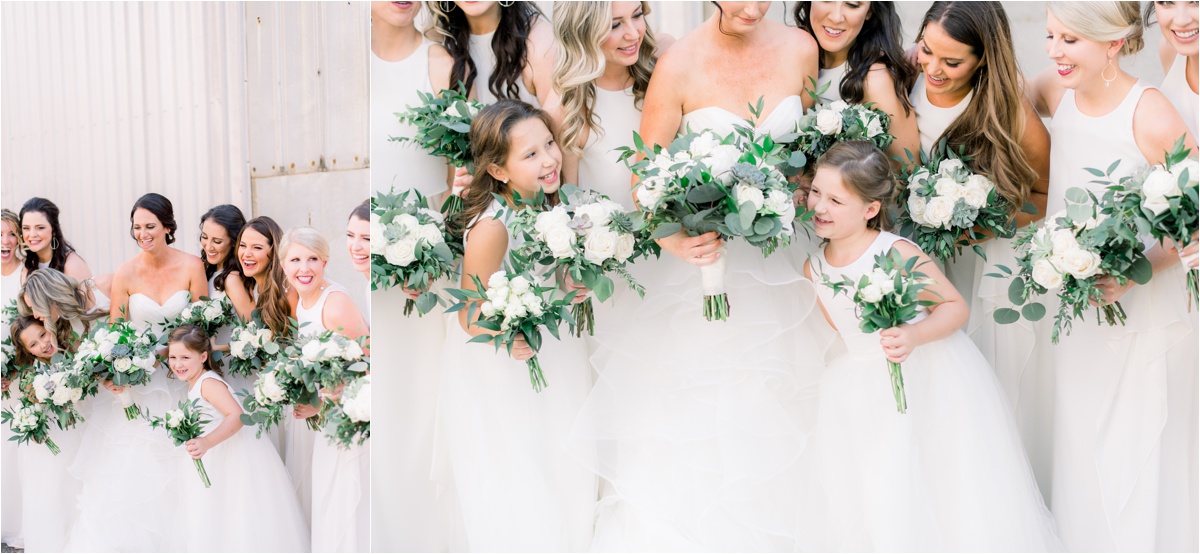 ivory bridesmaids dresses, bridesmaids at the foundry at puritan mill, green and ivory wedding