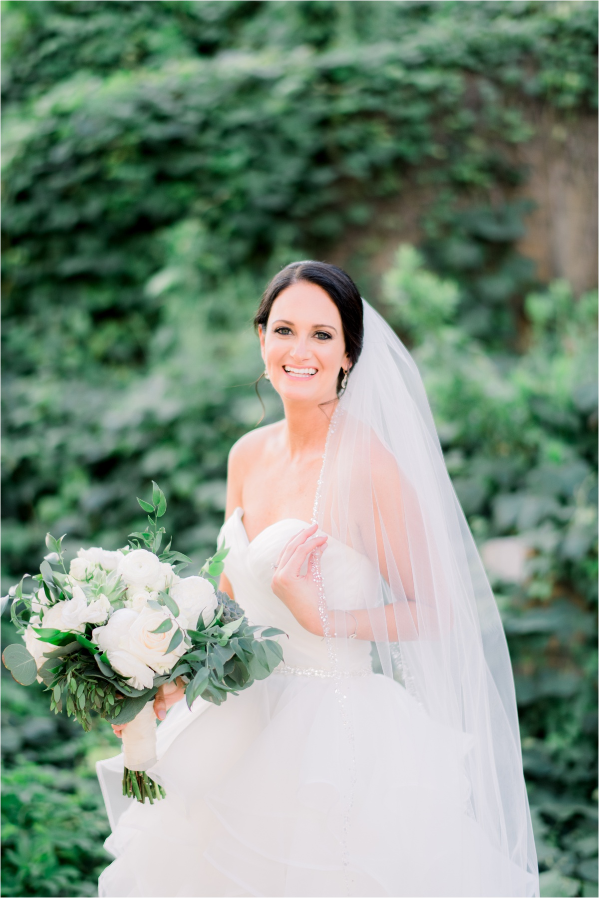 bridal portraits, greenery, ivory and green wedding