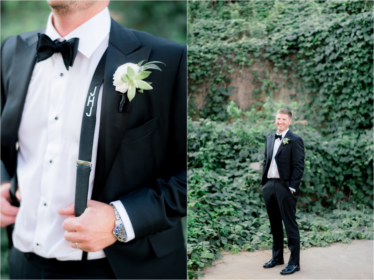 groom portraits, greenery, ivory and green wedding