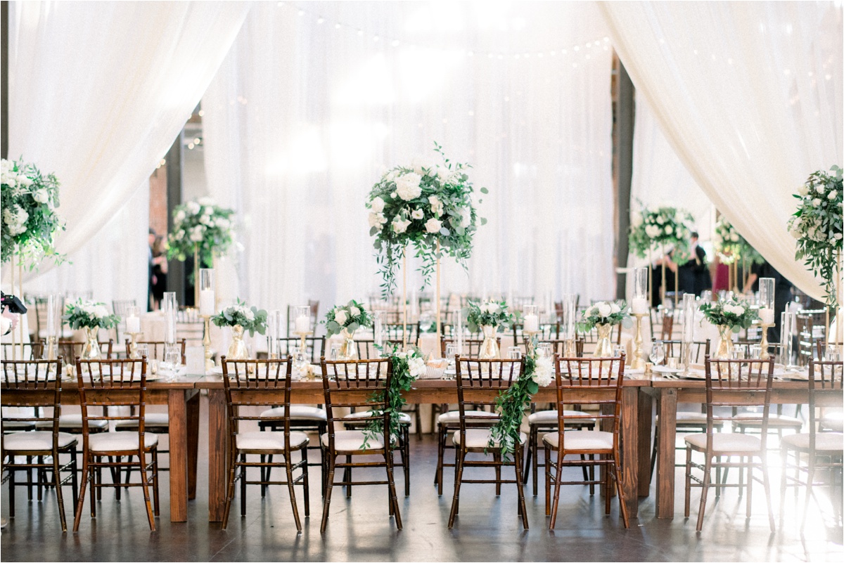 industrial wedding venue, reception details, luxe and bloom, green and ivory wedding