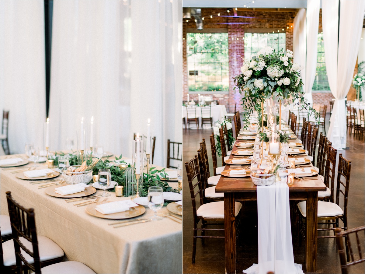 industrial wedding venue, reception details, luxe and bloom, green and ivory wedding