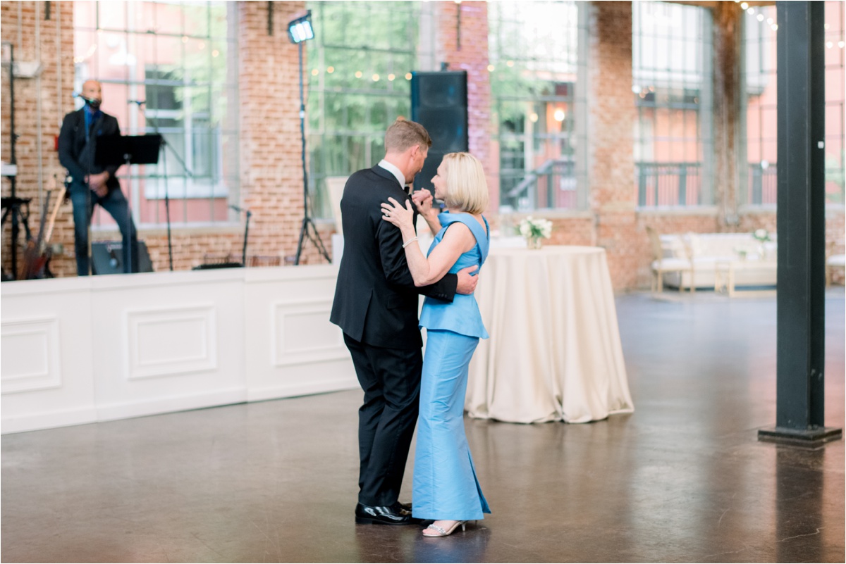 wedding reception at the foundry at puritan mill, mother and son dance