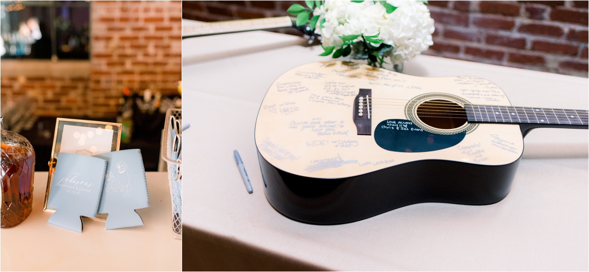 wedding reception at the foundry at puritan mill, customized koozies, guitar guest book