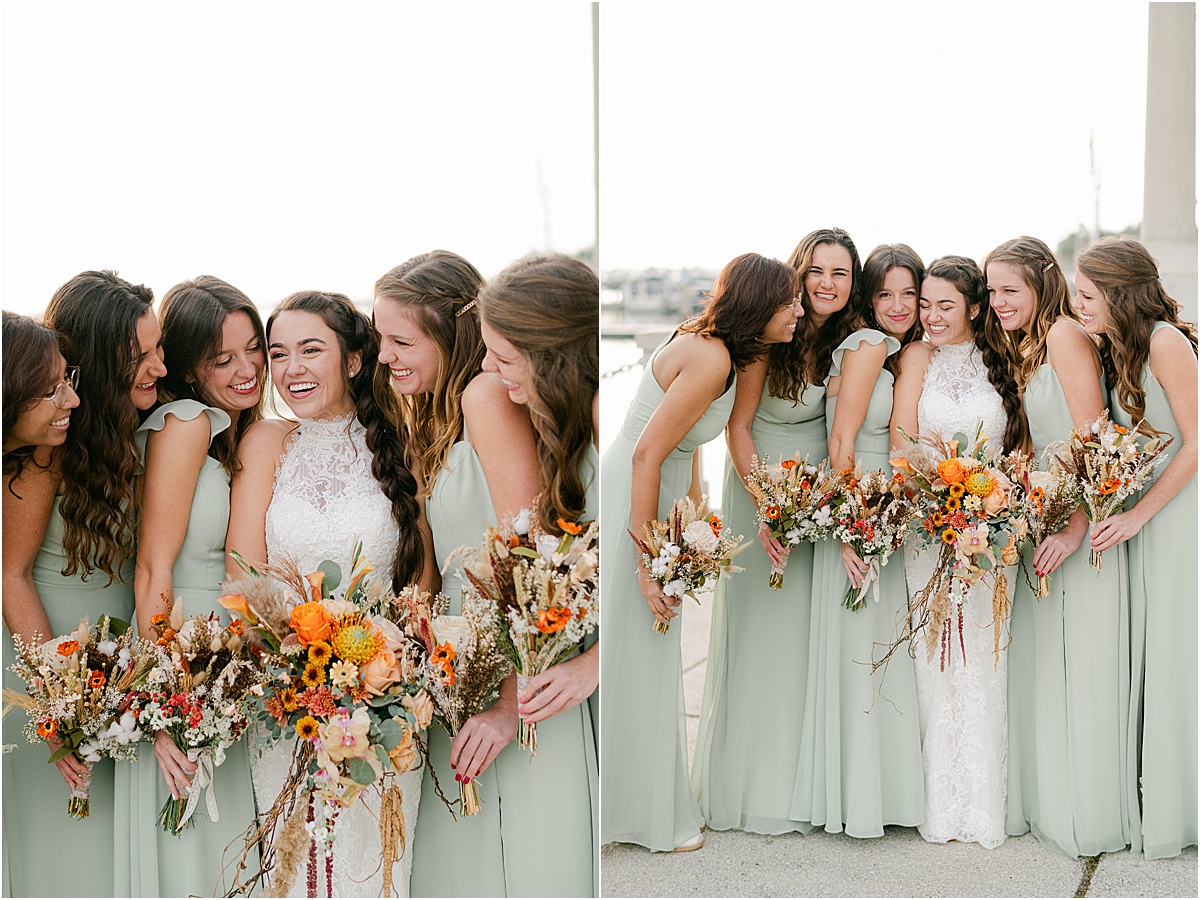 bridesmaids laugh together in downtown saint augustine wedding