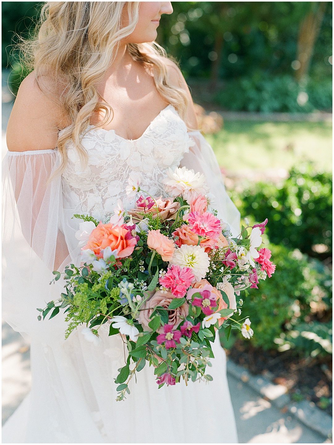 colorful pink, white, and orange wedding bouquet