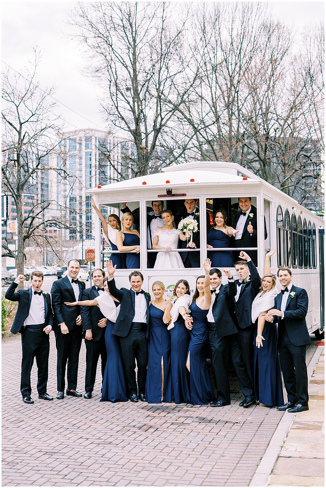 wedding party photo with trolley