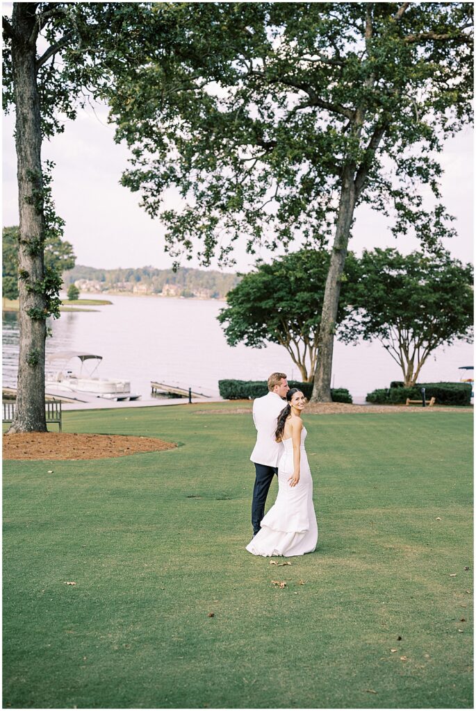 sunset wedding photos on the lake