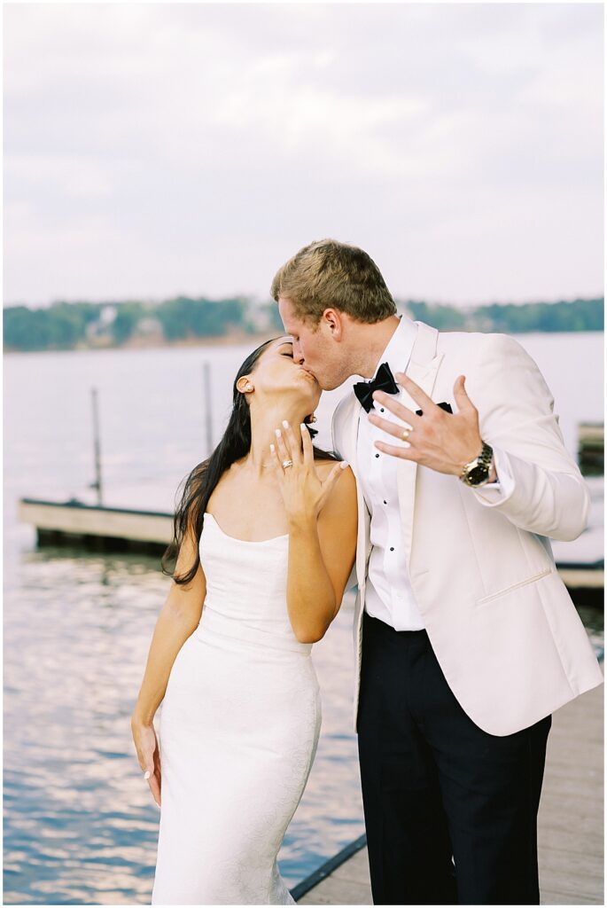 lakeside bride and groom wedding photos