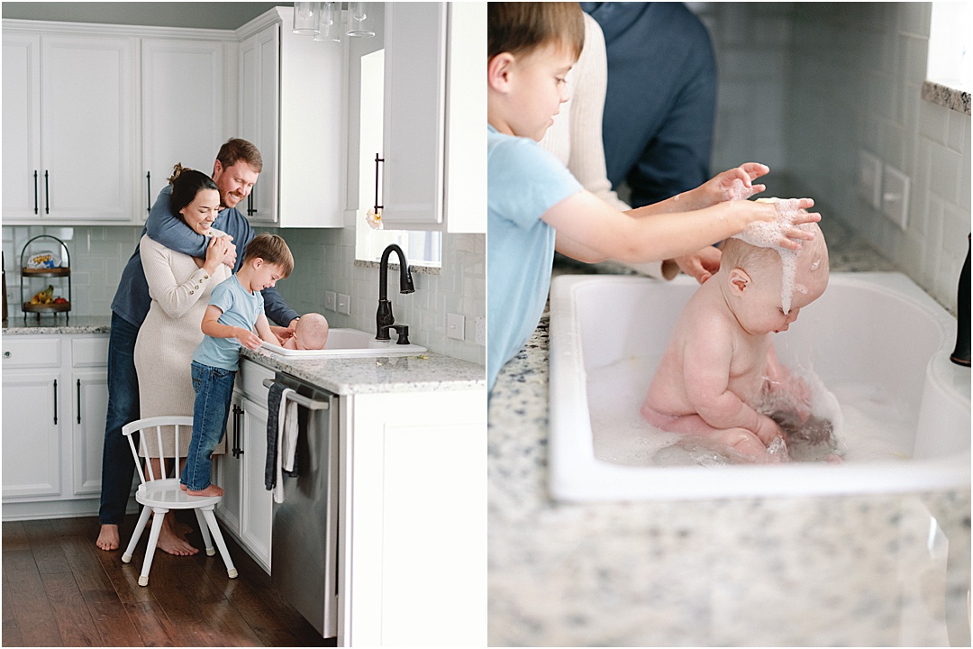 lifestyle family photos giving baby a bath 