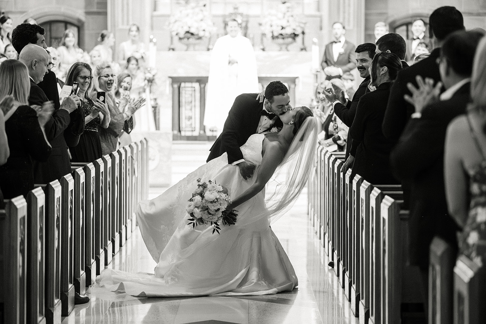 Bride and Groom Walk Down Aisle at Cathedral of Christ the King