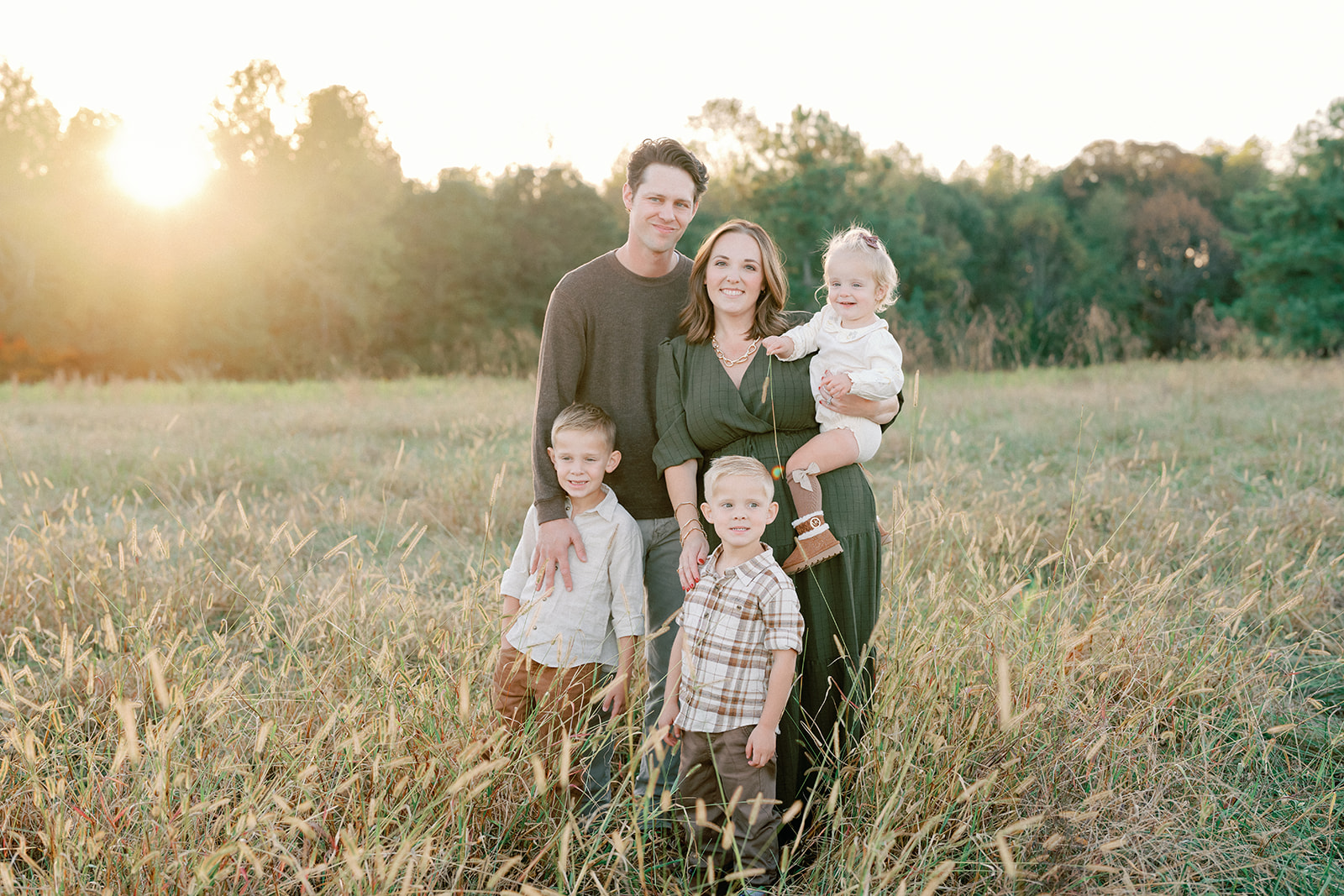 Fall Family Photos Atlanta - Mini Sessions - family photos atlanta Mom and Dad with Children in Sunset Field for Fall Family Photoshoot